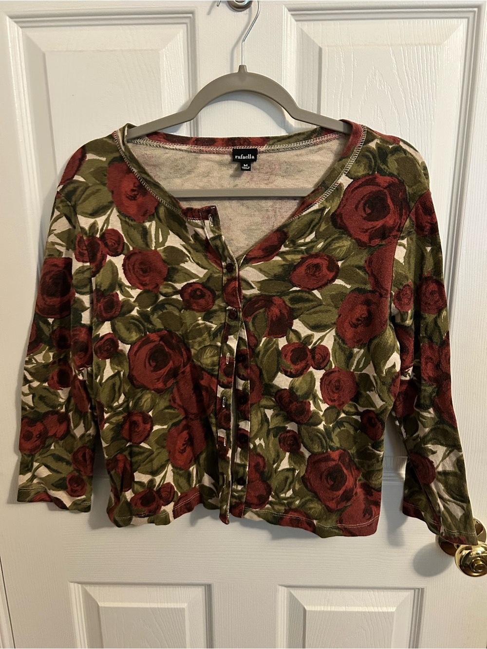 Red Rose Print Button-Front Cardigan - Red/Green